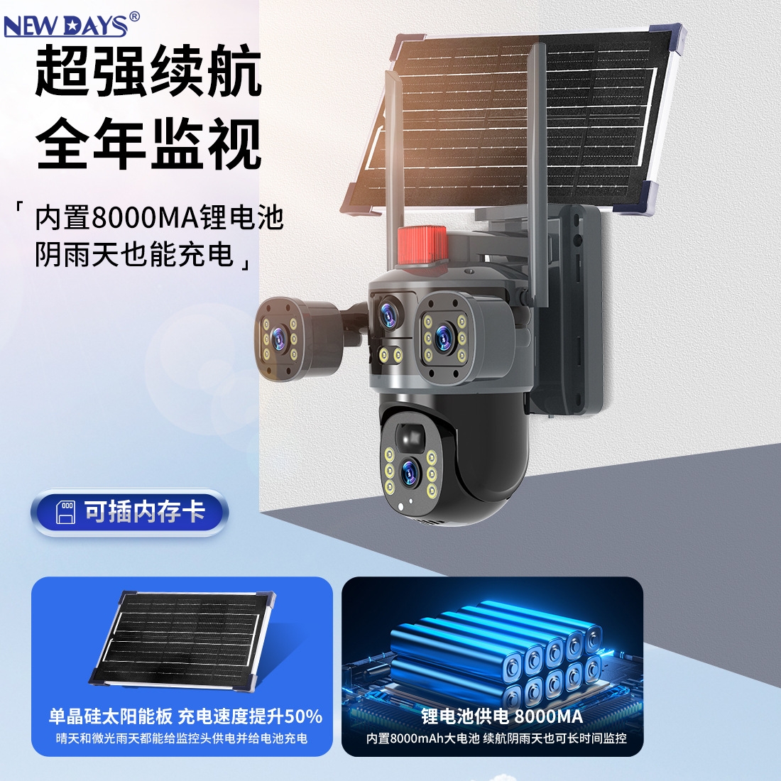 The new cross-border solar-powered AI smart surveillance camera of NEWDAYS brand features true four-eye high-definition night vision and ultra-long battery life for mobile detection security monitoring details Picture