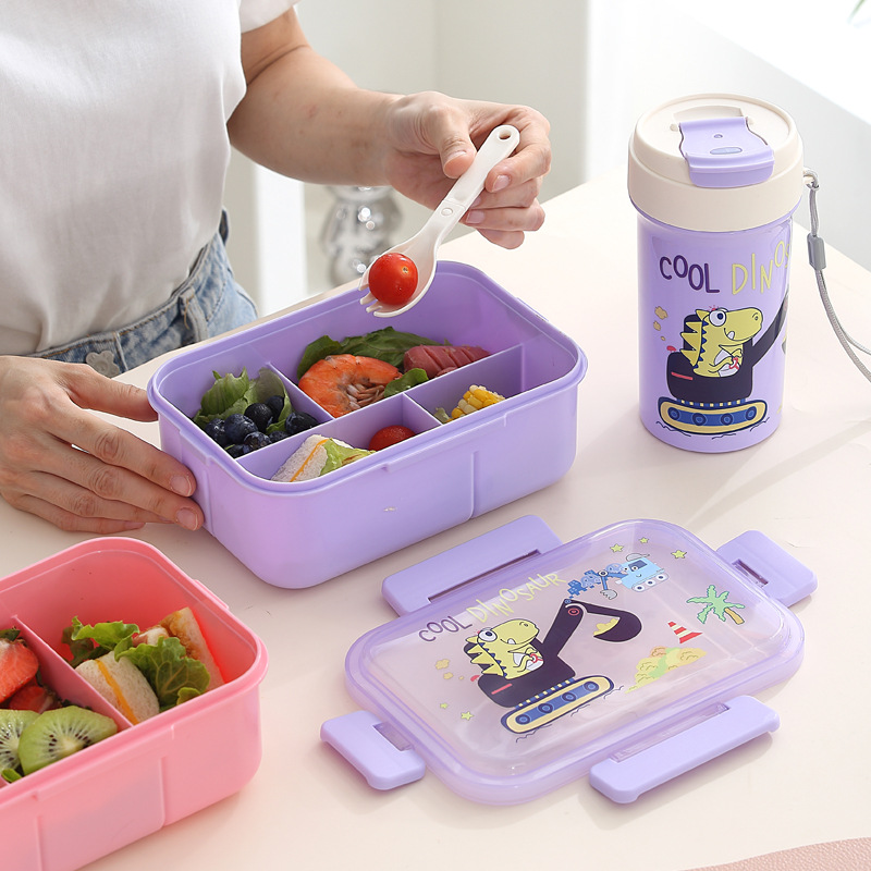 H226-536 four-compartment cartoon lunch box, microwave-heated bento box with tableware, portable fruit box for going out