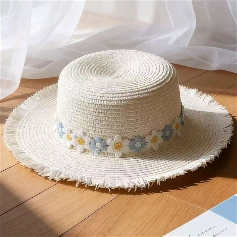 Lafite grass woven straw hat, flat top straw hat, beach hat, sun protection and shade hat, straw woven basket, natural, breathable and sun protection, suitable for seaside vacation, traveling, outdoor leisure and daily wear Specification image