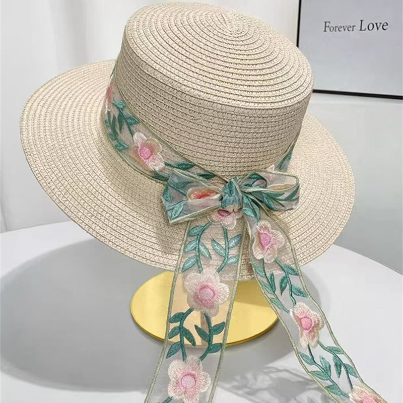 Ladies' new flat-topped straw hat, colorful lace bow ribbon straw hat, beach hat, sun hat, sunshade hat, seaside vacation, travel, daily outdoor leisure urban style details Picture