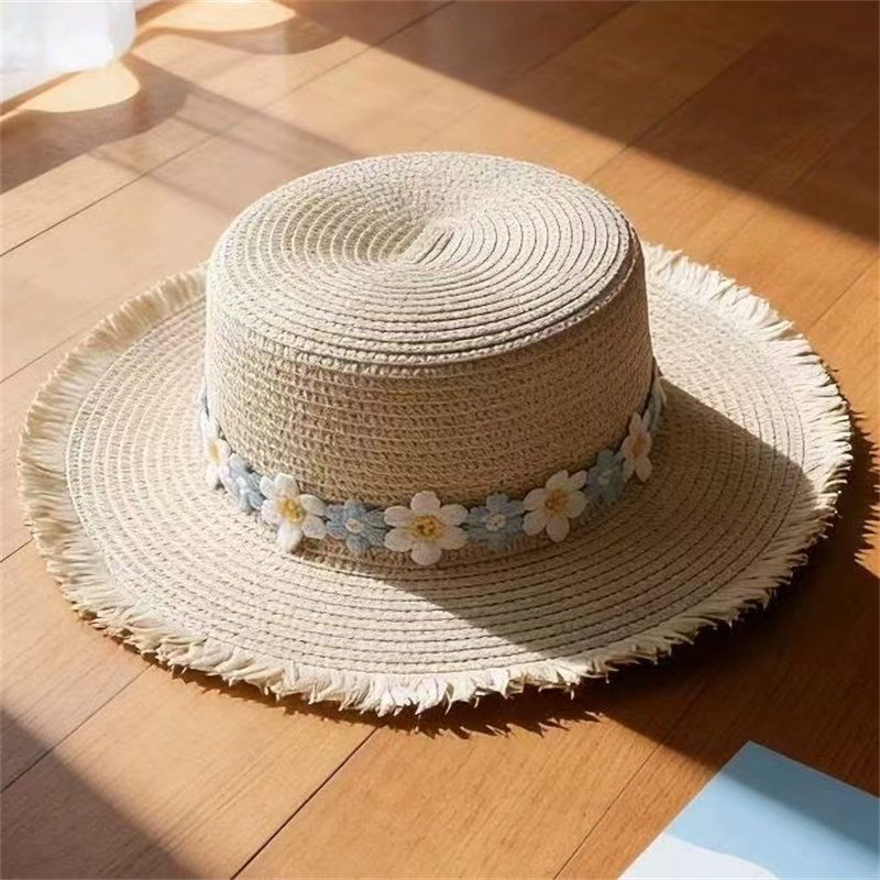 Lafite grass woven straw hat, flat top straw hat, beach hat, sun protection and shade hat, straw woven basket, natural, breathable and sun protection, suitable for seaside vacation, traveling, outdoor leisure and daily wear details Picture