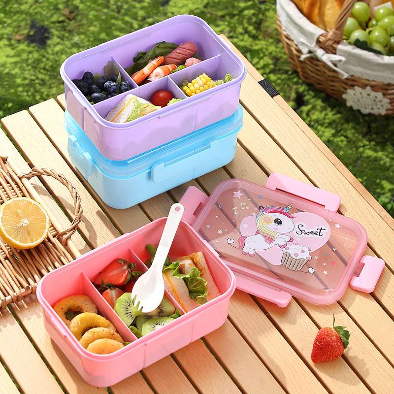 H226-536 four-compartment cartoon lunch box, microwave-heated bento box with tableware, portable fruit box for going out Item Picture