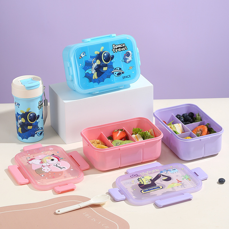 H226-536 four-compartment cartoon lunch box, microwave-heated bento box with tableware, portable fruit box for going out Application Scenario