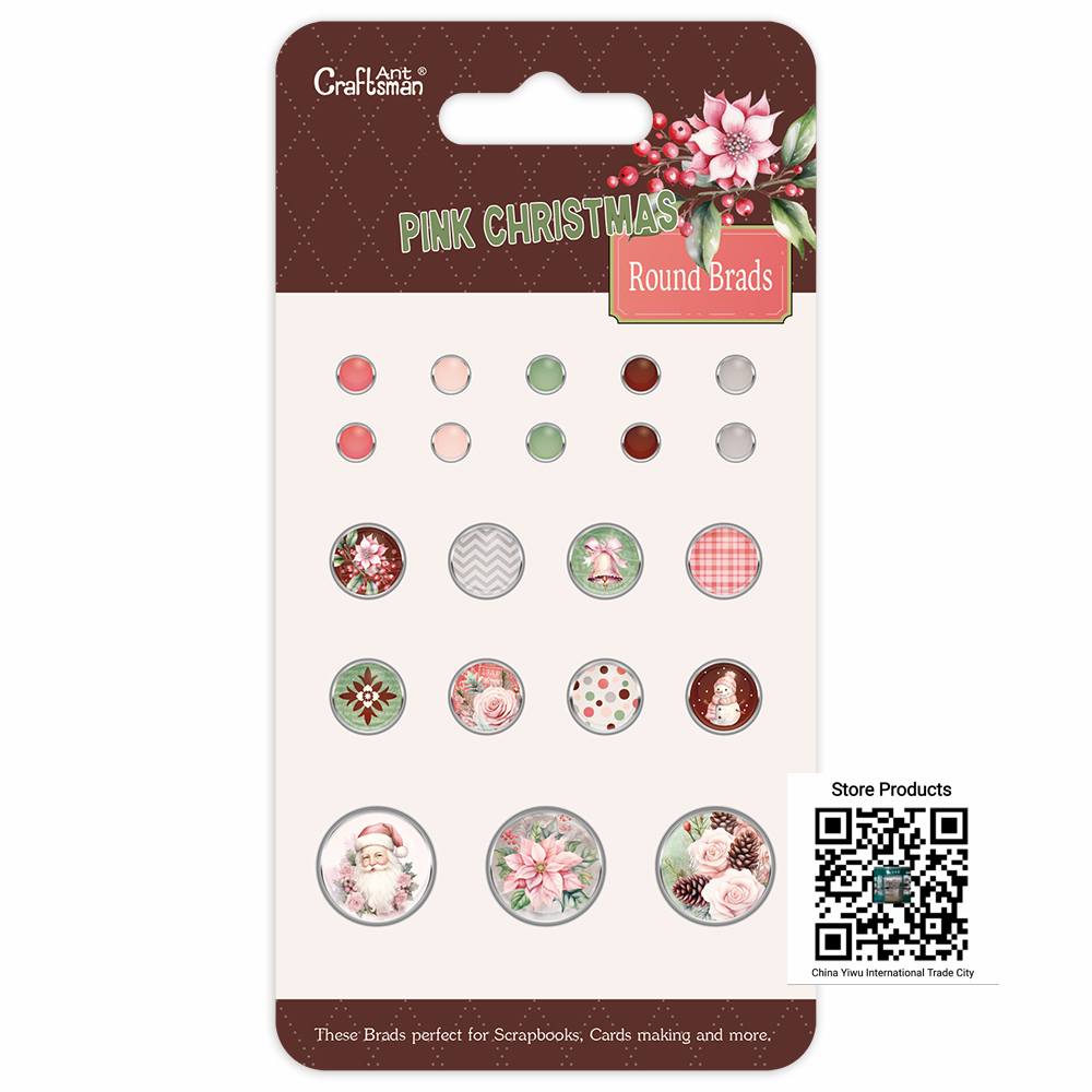 Pink Christmas Themed Round Brads, Vintage Pastel Holiday Metal Paper Fasteners for Scrapbooking, Card Making & Christmas DIY Craft Decoration thumbnail