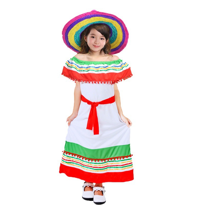 Halloween Mexican dress costume, ethnic style cosplay parent-child dress with hat, children's style Specification drawing
