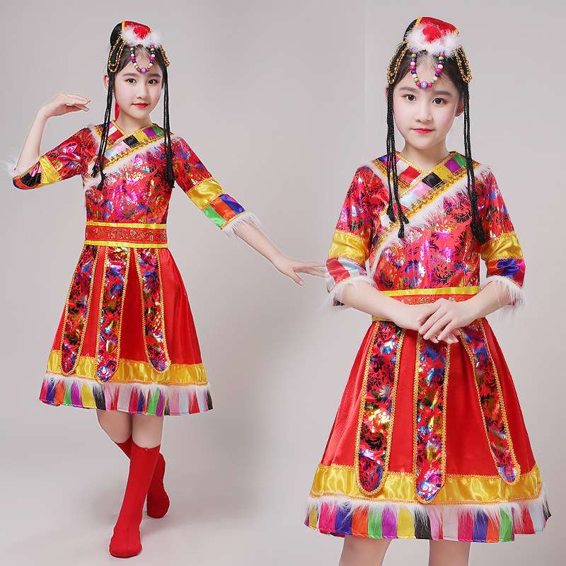 藏族舞蹈演出服装少儿少数民族幼儿园西藏卓玛表演服送鞋套头饰详情图4