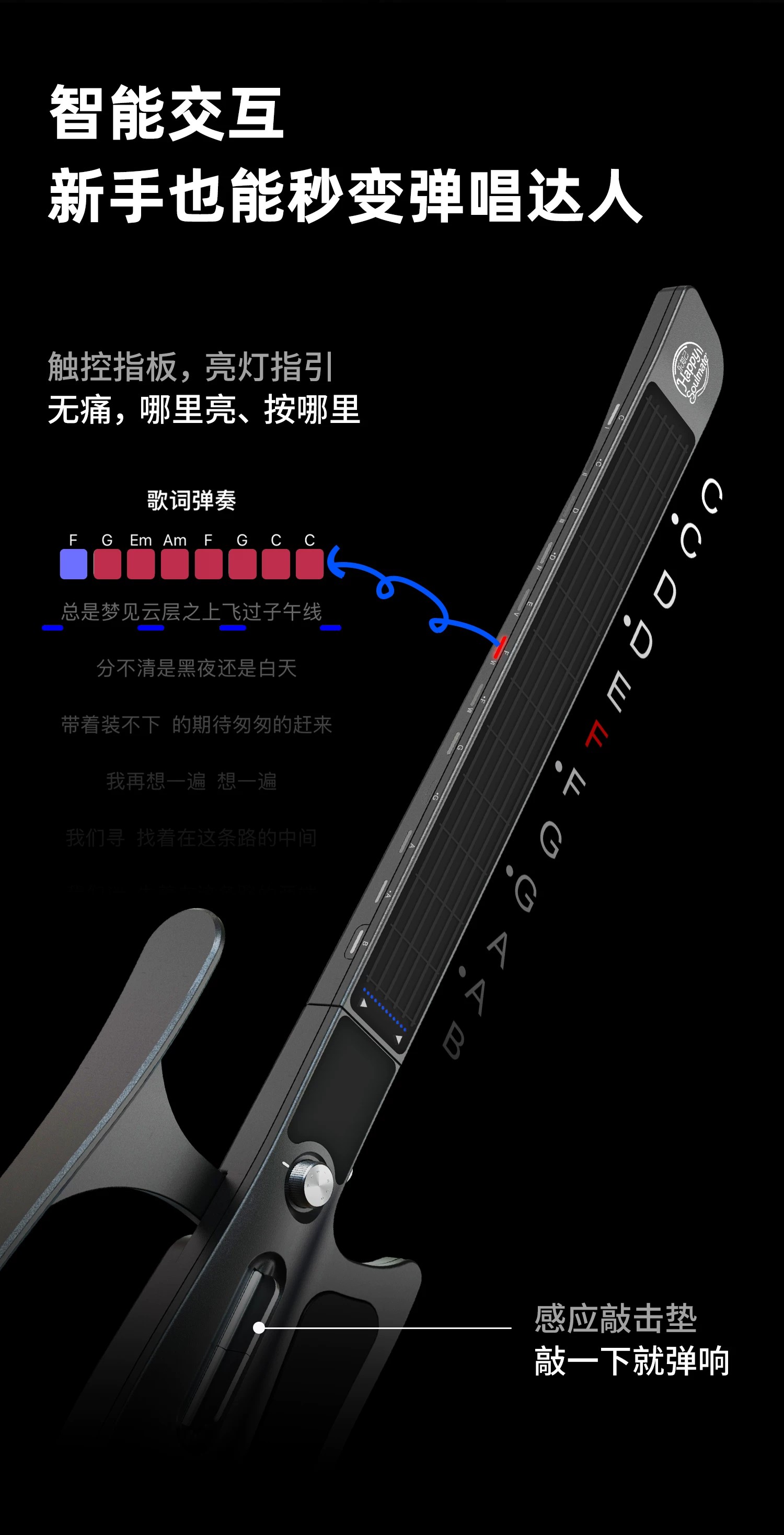 Smart Painless Strainless Guitar智能无弦吉他白底实物图