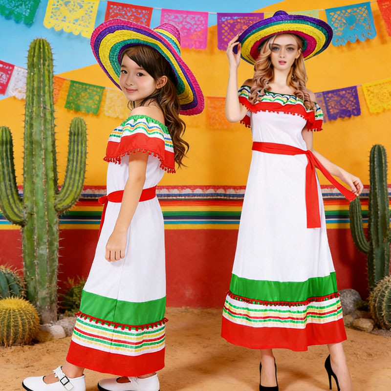 Halloween Mexican dress costume, ethnic style cosplay parent-child dress with hat, adult style Specification drawing