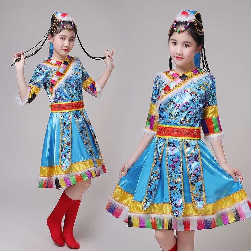 藏族舞蹈演出服装少儿少数民族幼儿园西藏卓玛表演服送鞋套头饰详情图2