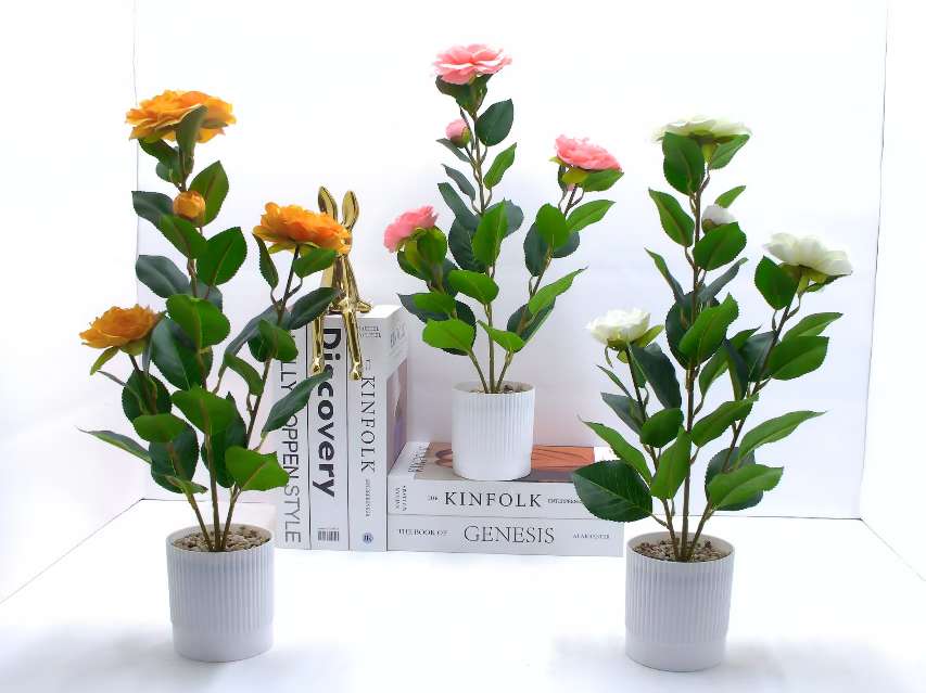 2026新款仿真花4头山茶花盆栽花艺套装假花客厅家居装饰品摆件仿真花盆景