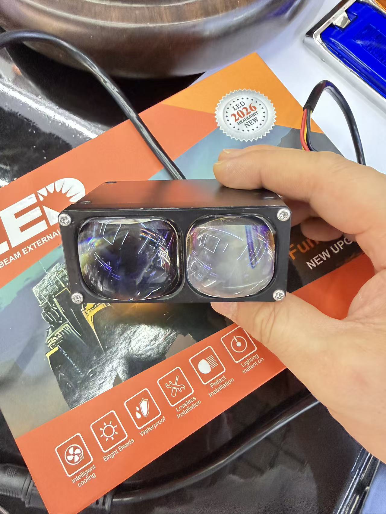 Car grille lights, LED lens spotlights, yellow and white three-eye spotlights, modified motorcycle lights, high beams, universal version pic 10