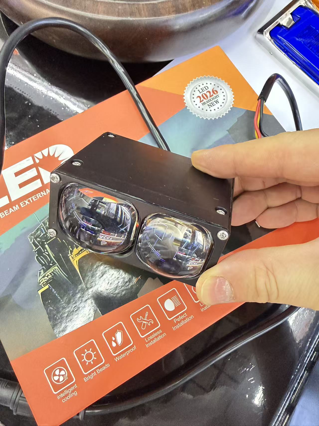 Car grille lights, LED lens spotlights, yellow and white three-eye spotlights, modified motorcycle lights, high beams, universal version pic 1
