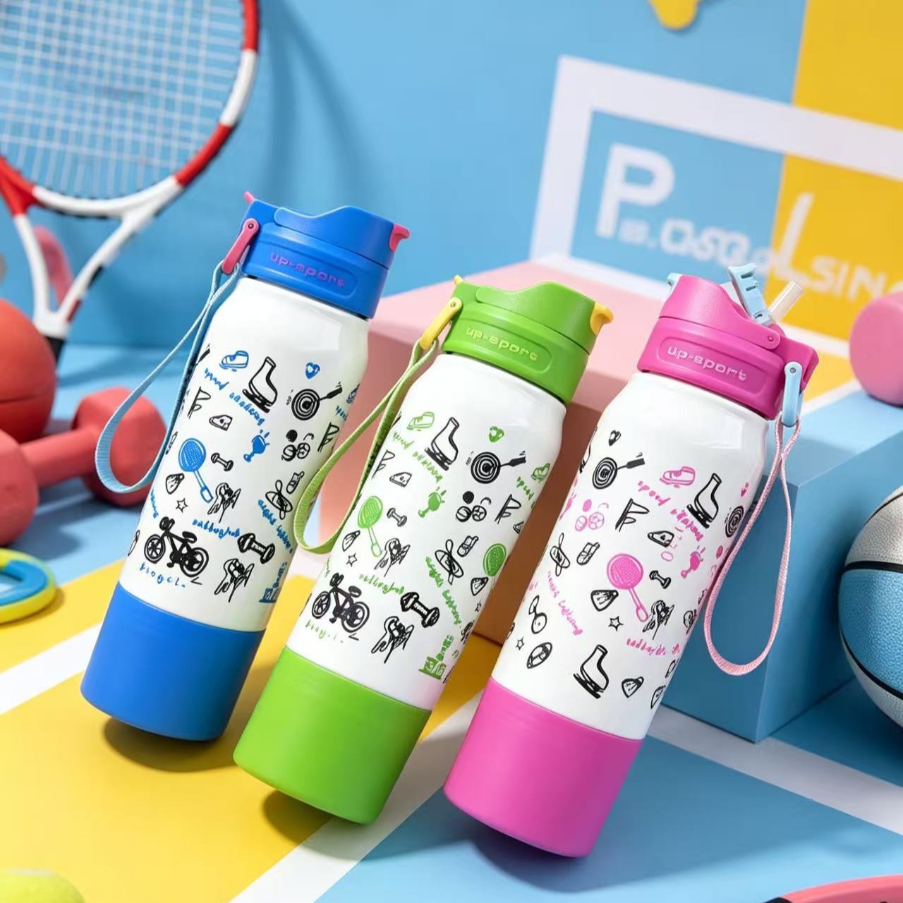 H164-HY-056B Dopamine large-capacity sports water cup, gradient full-print handle, double-drinking cup, bottom holder cup, children Item Picture
