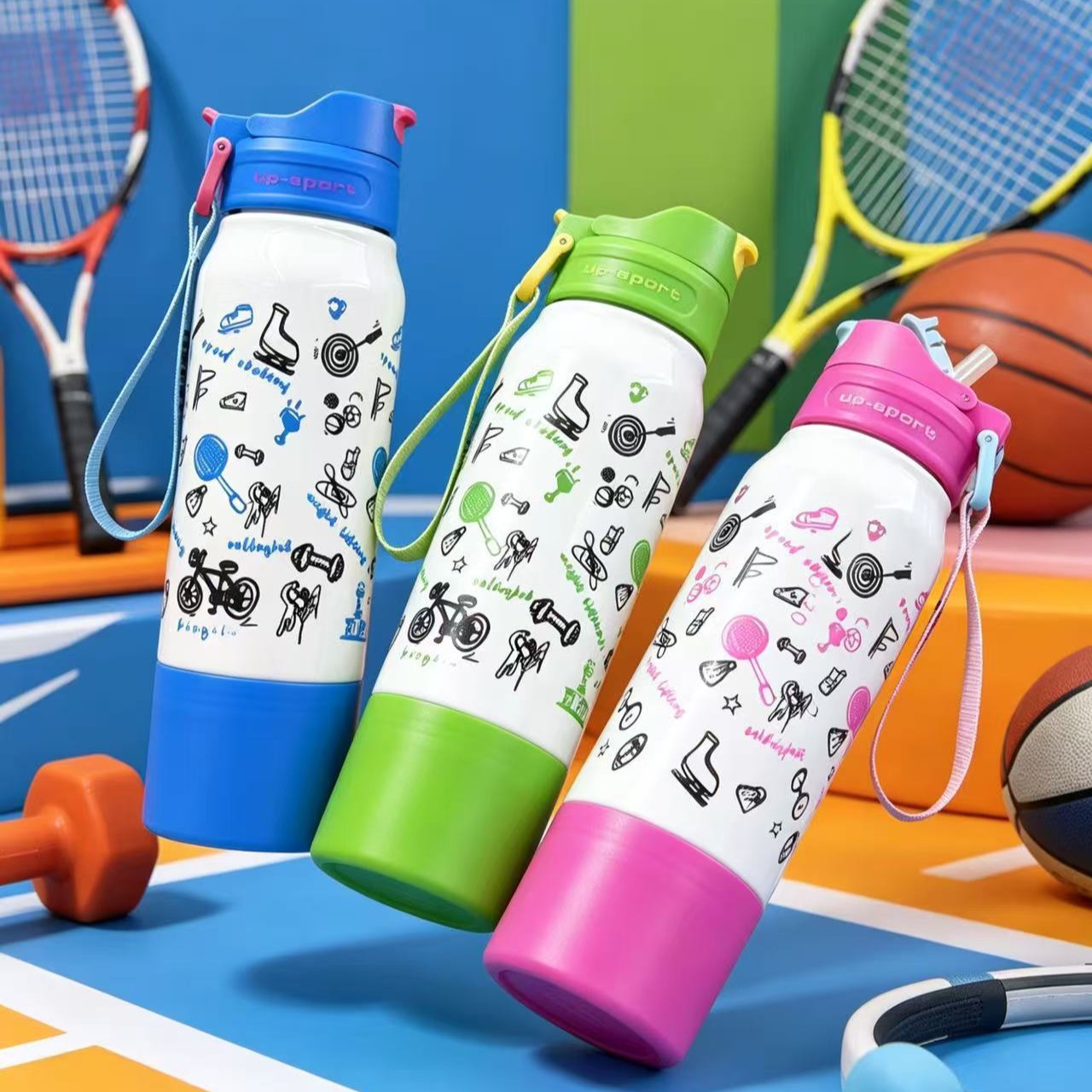 H164-HY-056B Dopamine large-capacity sports water cup, gradient full-print handle, double-drinking cup, bottom holder cup, children detail image 3