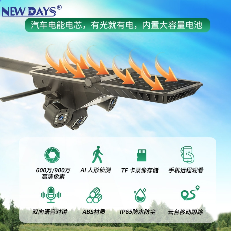 ويمكن للنوع الجديد من العلامات التجارية Newdays العابرة للحدود أن يغطي كاميرات شمسية من ثلاث مرات، ومراقبة الكشف عن الحركة، وكاميرات شمسية للحوار الصوتي عبر الألوان Application Scenario
