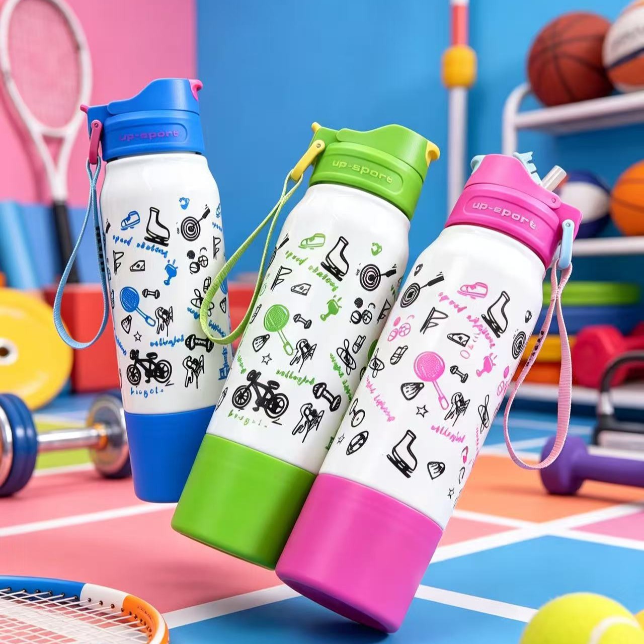 H164-HY-056B Dopamine large-capacity sports water cup, gradient full-print handle, double-drinking cup, bottom holder cup, children
