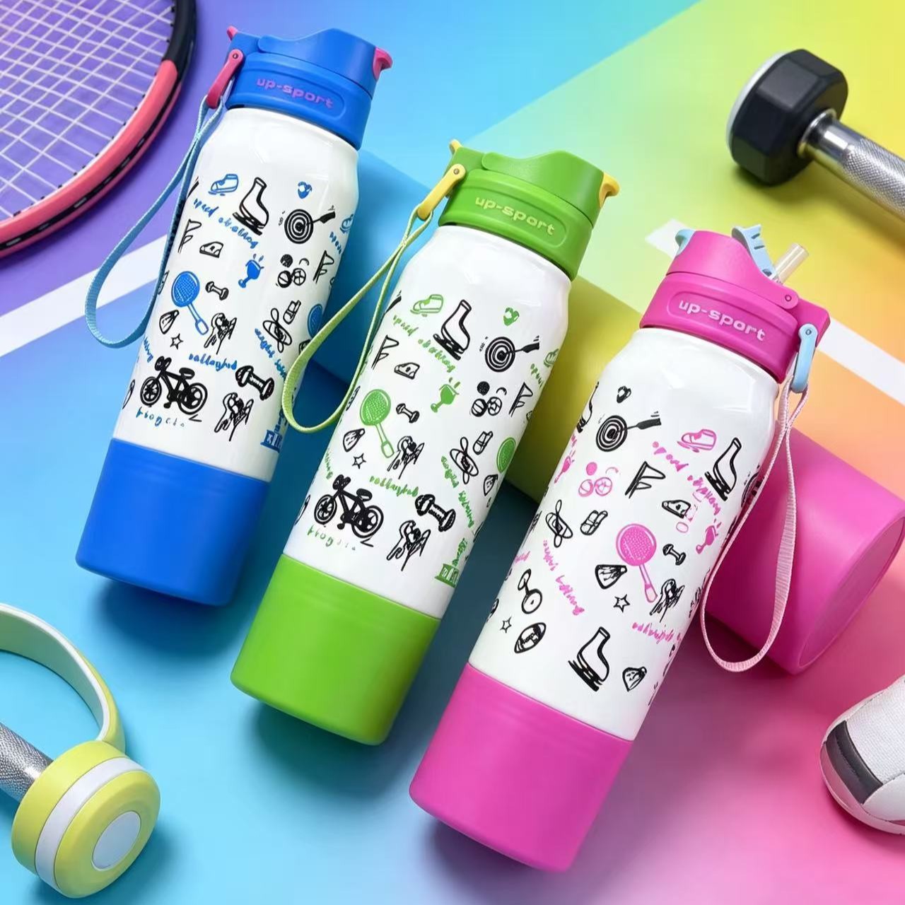 H164-HY-056B Dopamine large-capacity sports water cup, gradient full-print handle, double-drinking cup, bottom holder cup, children details Picture
