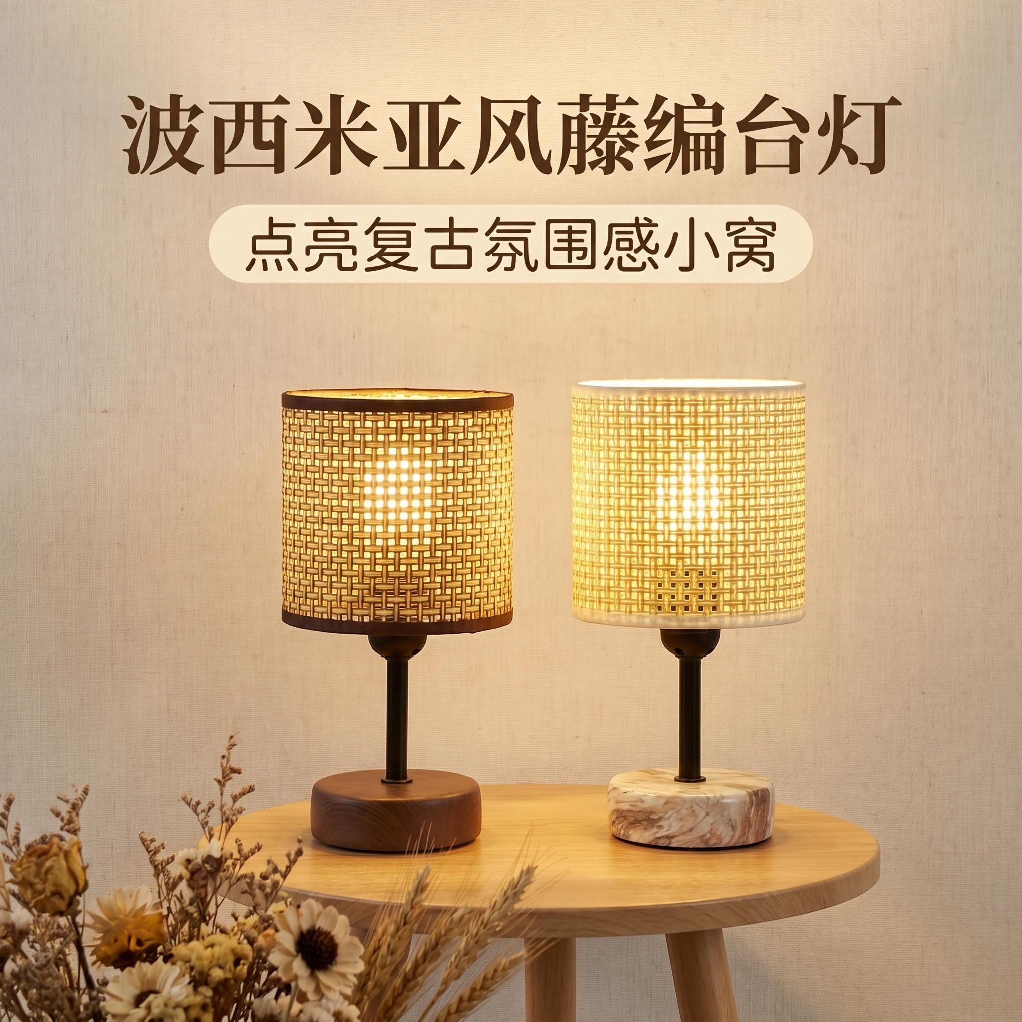 2026 New Bohemian-style rattan table lamp, ceramic lamp, night light and ambient light, factory direct sales
