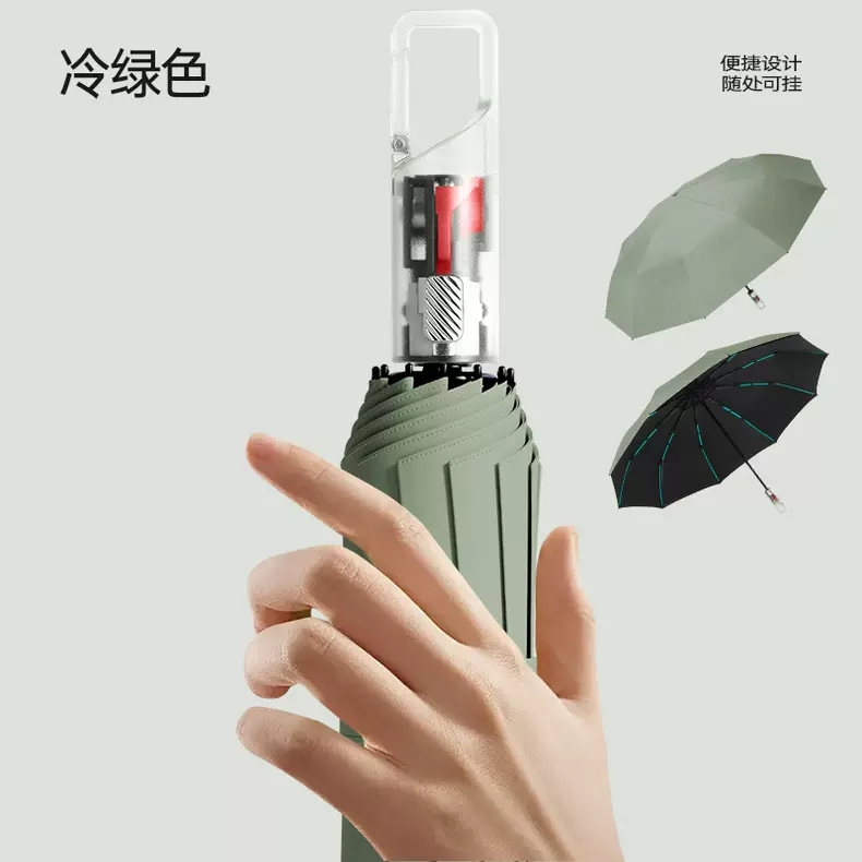 自动环扣节节收晴雨伞磨砂质感全自动手柄6mm加粗龙骨黑胶面料黑钢伞骨产品图