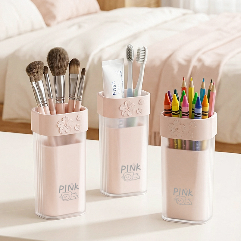 T54-TH-9659 Cherry Blossom Double-layer Toothbrush Box, dual-purpose portable toiletry, toothbrush and toothbrush storage rack details Picture