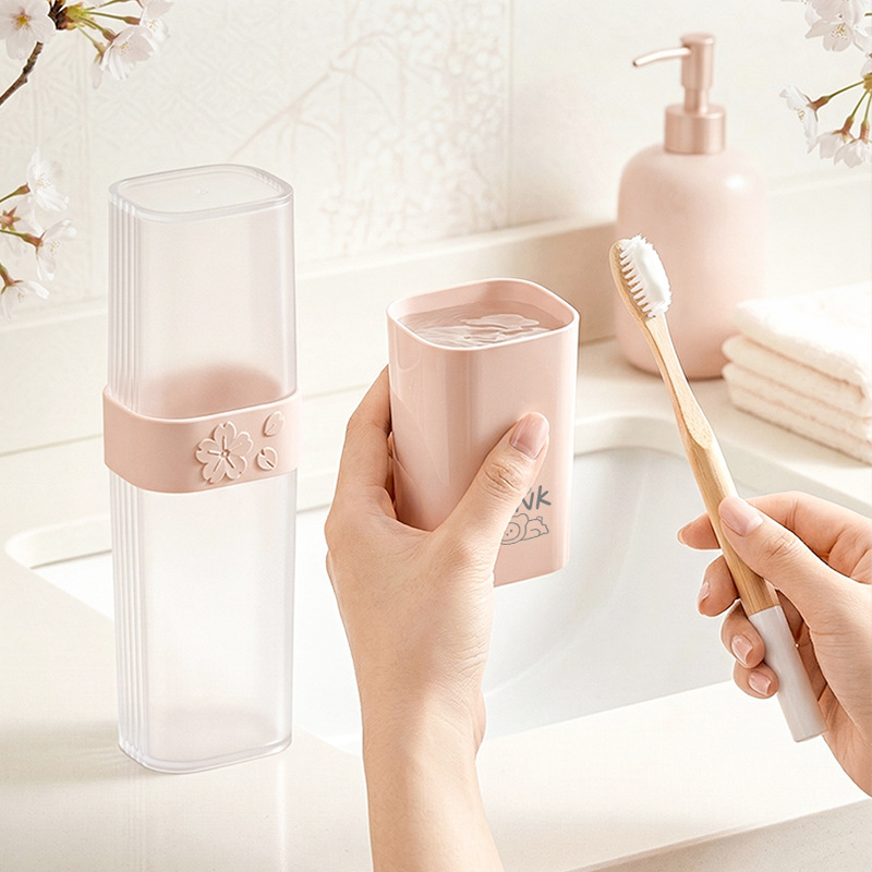 T54-TH-9659 Cherry Blossom Double-layer Toothbrush Box, dual-purpose portable toiletry, toothbrush and toothbrush storage rack Application Scenario