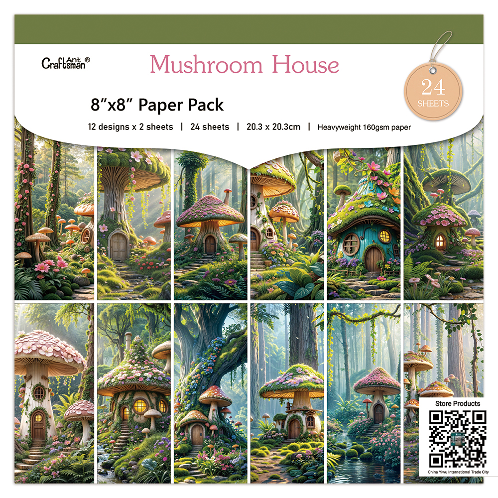 DIY handmade scrapbook/journal/card/log material 8-inch Enchanted Mushroom House Fairy Tale Scrapbook Paper Pack for Journaling, Card Making & DIY Crafts ⟪ mushroom house ⟫ AC250306-08 full figure
