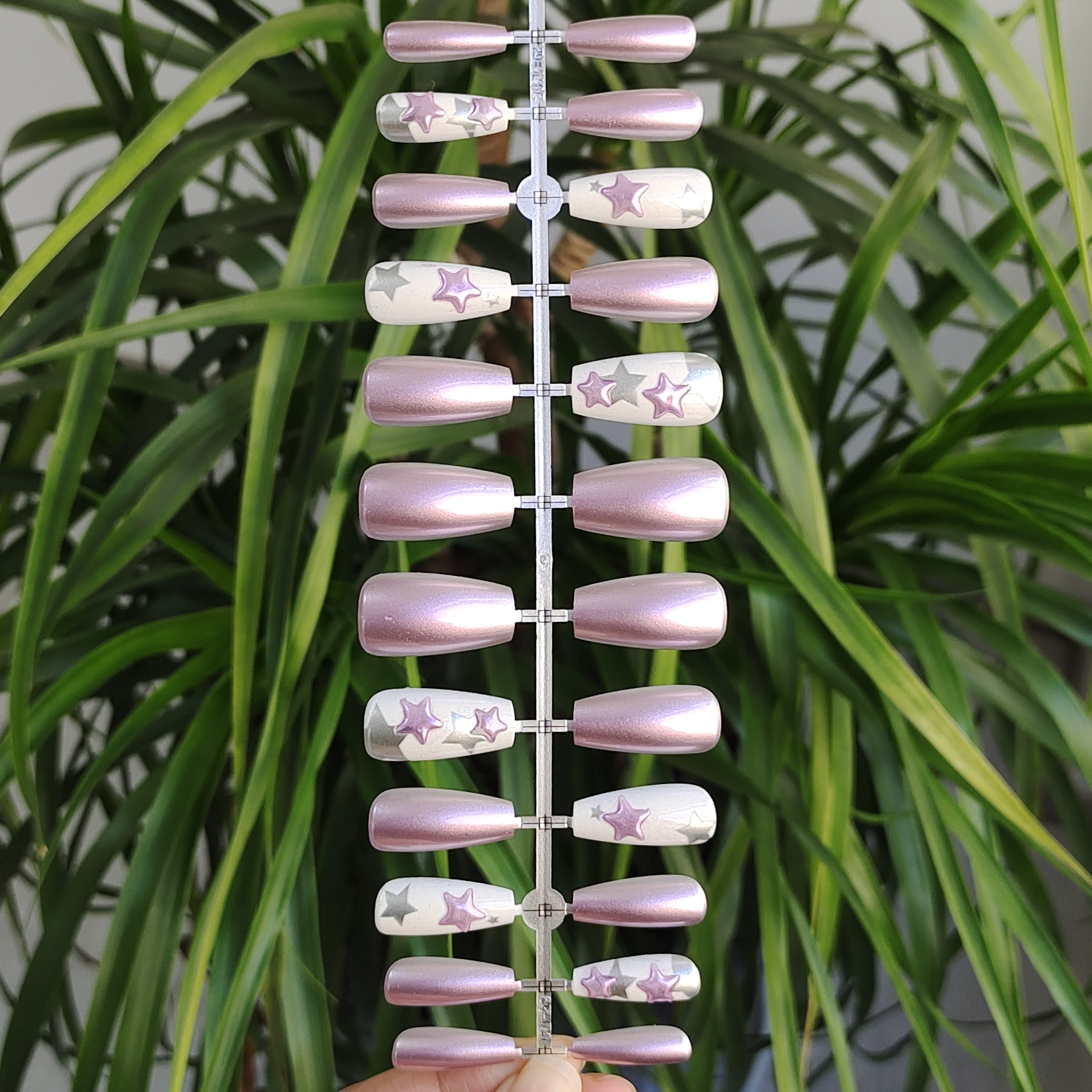 24 PCS PRESS ON NAIL TIPS MEDIUM COFFIN SHAPE 3D ADHESIVE DESIGN WITH PURPLE STAR DESIGN full figure
