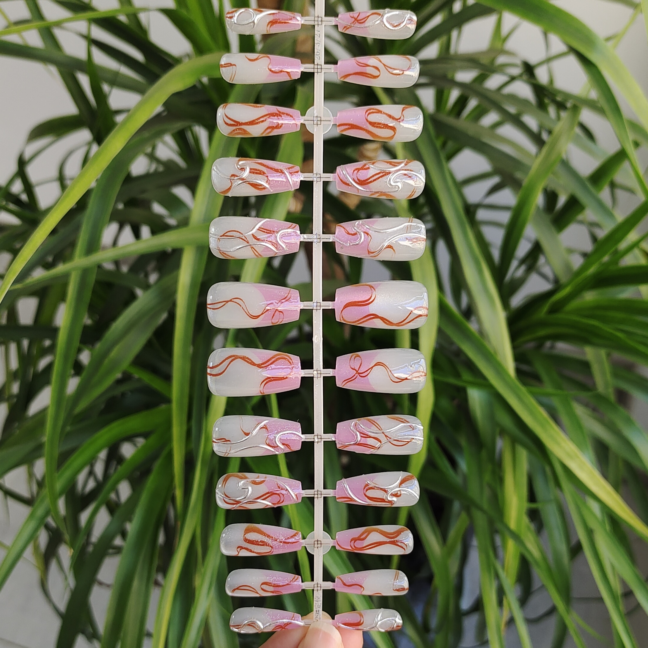24 PCS PRESS ON NAIL TIPS MEDIUM COFFIN SHAPE 3D ADHESIVE DESIGN WITH PINK FRENCH STYLE AND RED RIBBON PATTERN full figure
