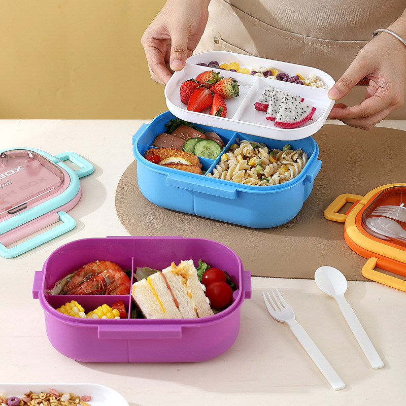 M86-8871 Student three-compartment lunch box, office worker PP bento box, fruit salad with fork and spoon tableware Specification image