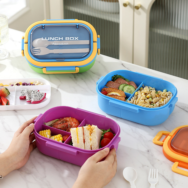 M86-8871 Student three-compartment lunch box, office worker PP bento box, fruit salad with fork and spoon tableware details Picture
