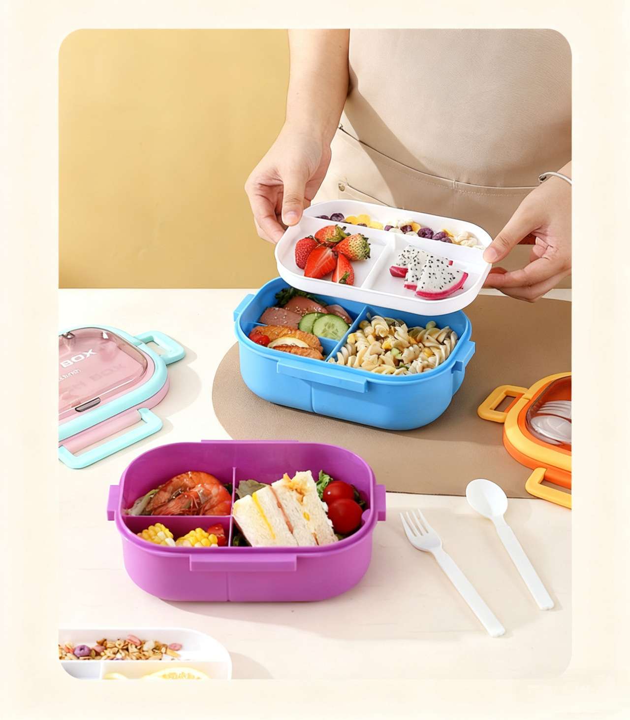 M86-8871 Student three-compartment lunch box, office worker PP bento box, fruit salad with fork and spoon tableware detail image 9