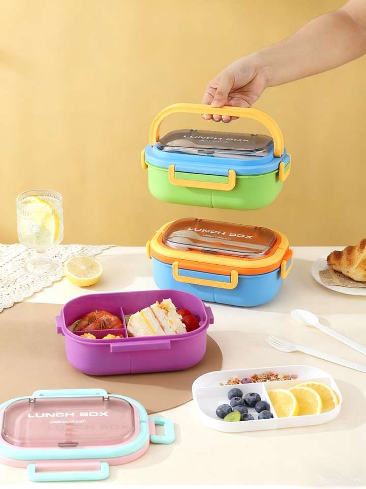 M86-8871 Student three-compartment lunch box, office worker PP bento box, fruit salad with fork and spoon tableware detail image 3