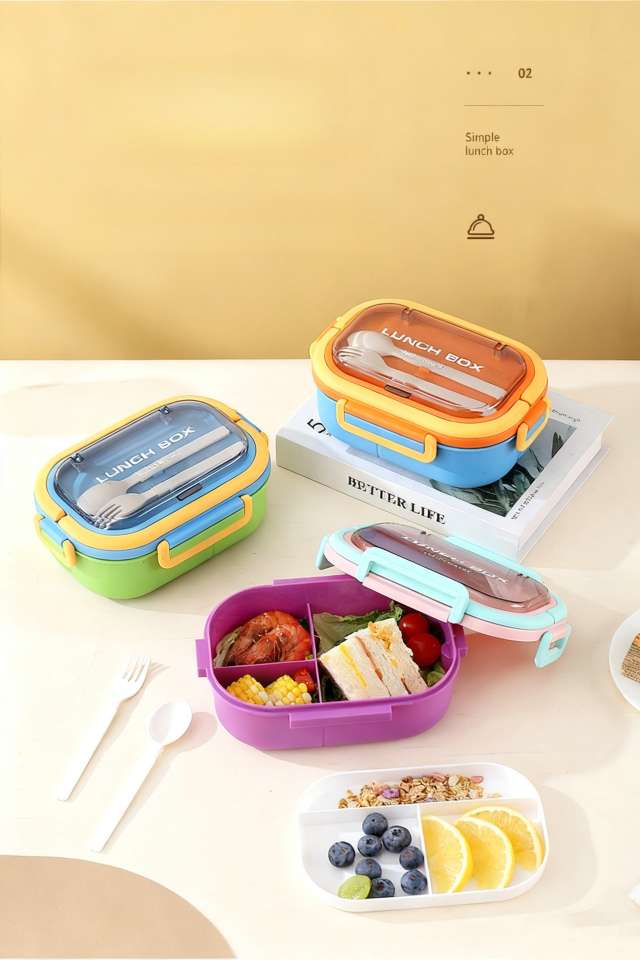 M86-8871 Student three-compartment lunch box, office worker PP bento box, fruit salad with fork and spoon tableware detail image 8