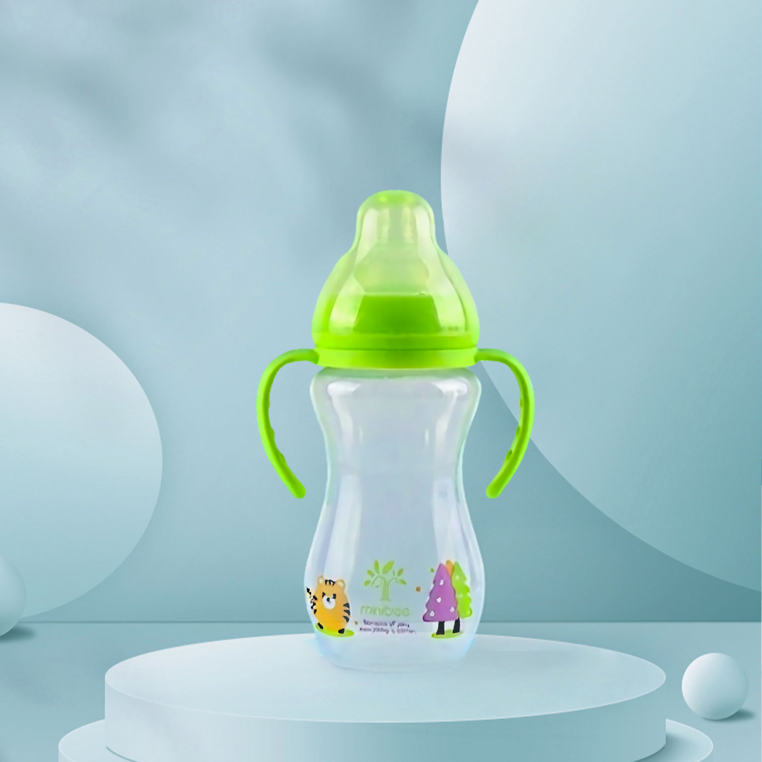 A 330ml PP wide-mouthed baby bottle with a transparent gourd handle Specification image