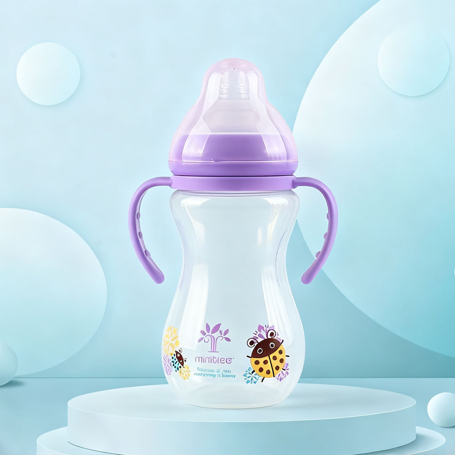 A 330ml PP wide-mouthed baby bottle with a transparent gourd handle Application Scenario