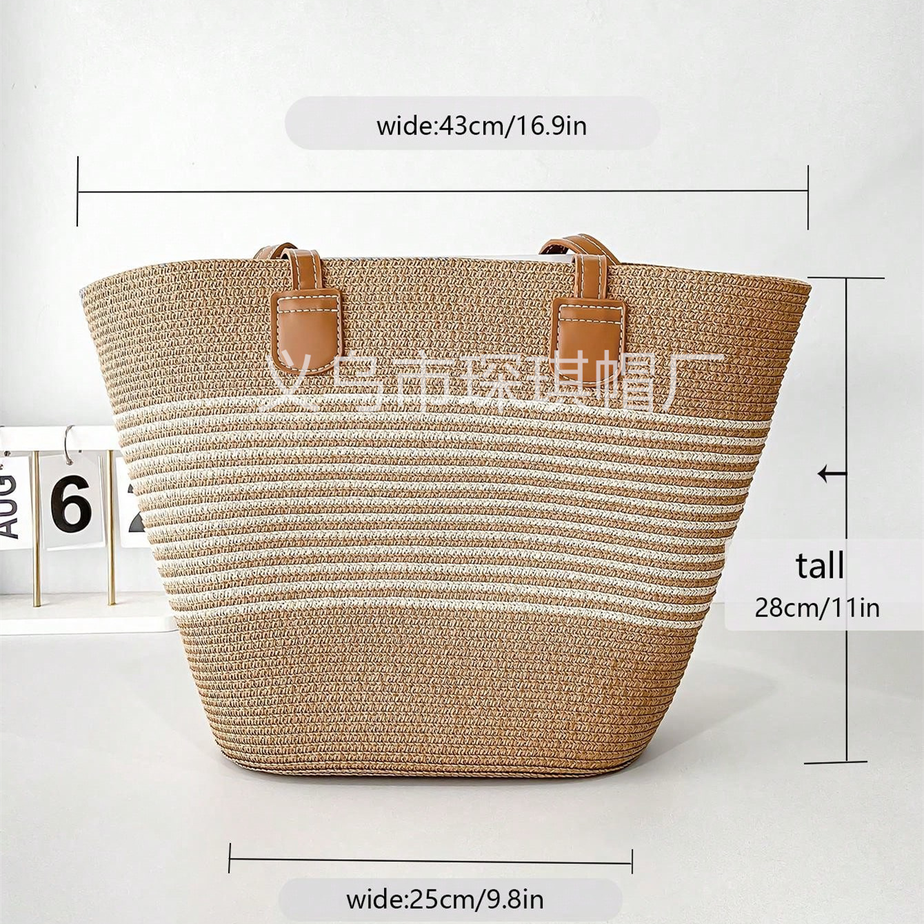 Cross-border new bestseller women's spring and summer straw woven bag, beach bag, beach hat combination set, two-piece set, striped wide-brimmed straw hat, single-shoulder tote bag, urban style, casual vacation, foldable women's bag, straw woven artistic seaside photo shoot Specification drawing