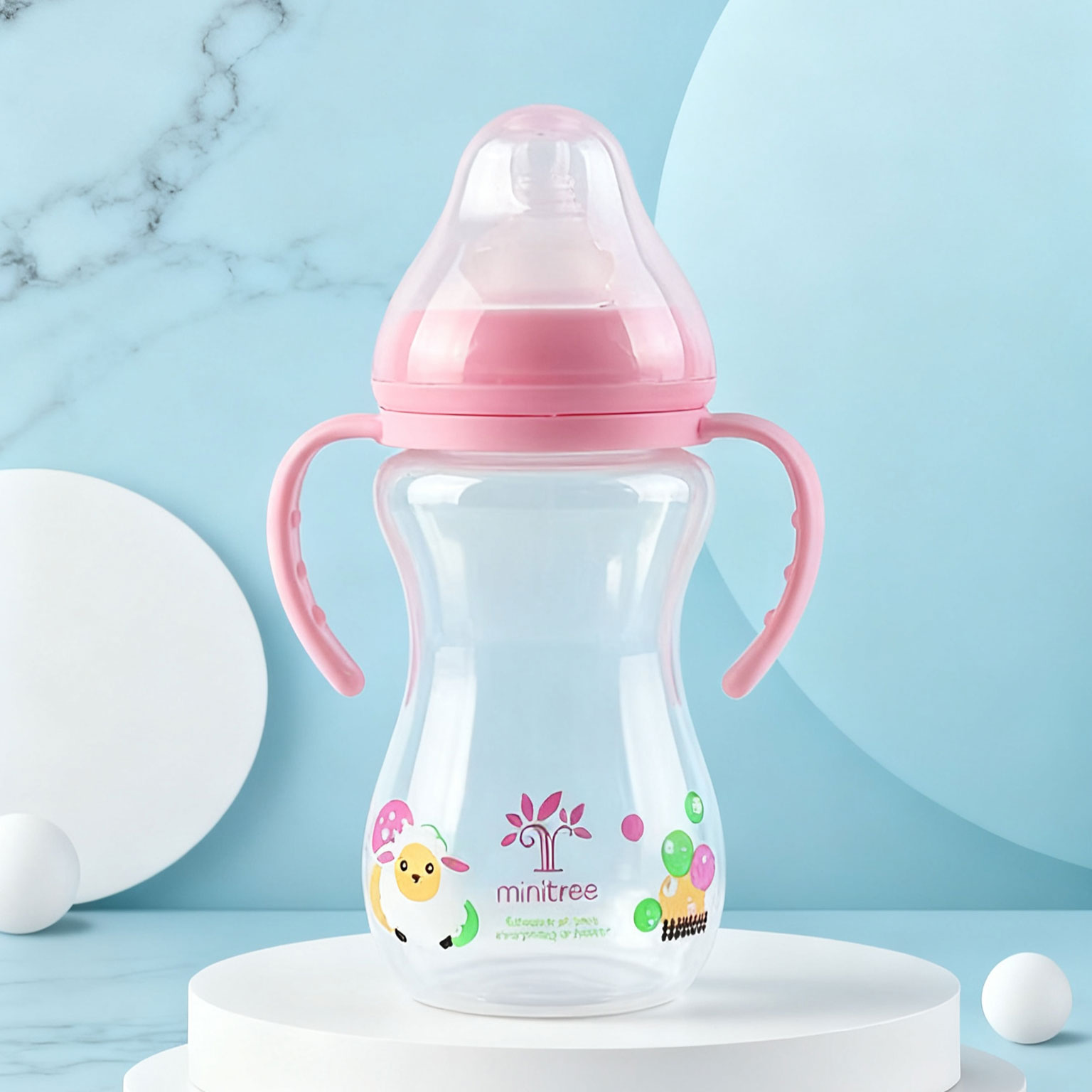 A 330ml PP wide-mouthed baby bottle with a transparent gourd handle Item Picture