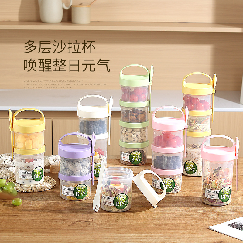 Creative double-layer circular sealed food storage box, breakfast fruit takeout microwave plastic lunch box with tableware storage box Specification image