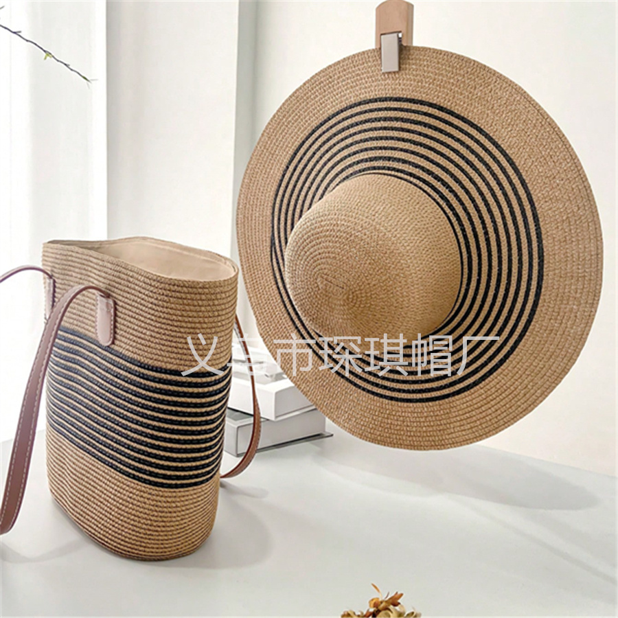 Cross-border new bestseller women's spring and summer straw woven bag, beach bag, beach hat combination set, two-piece set, striped wide-brimmed straw hat, single-shoulder tote bag, urban style, casual vacation, foldable women's bag, straw woven artistic seaside photo shoot Item Picture