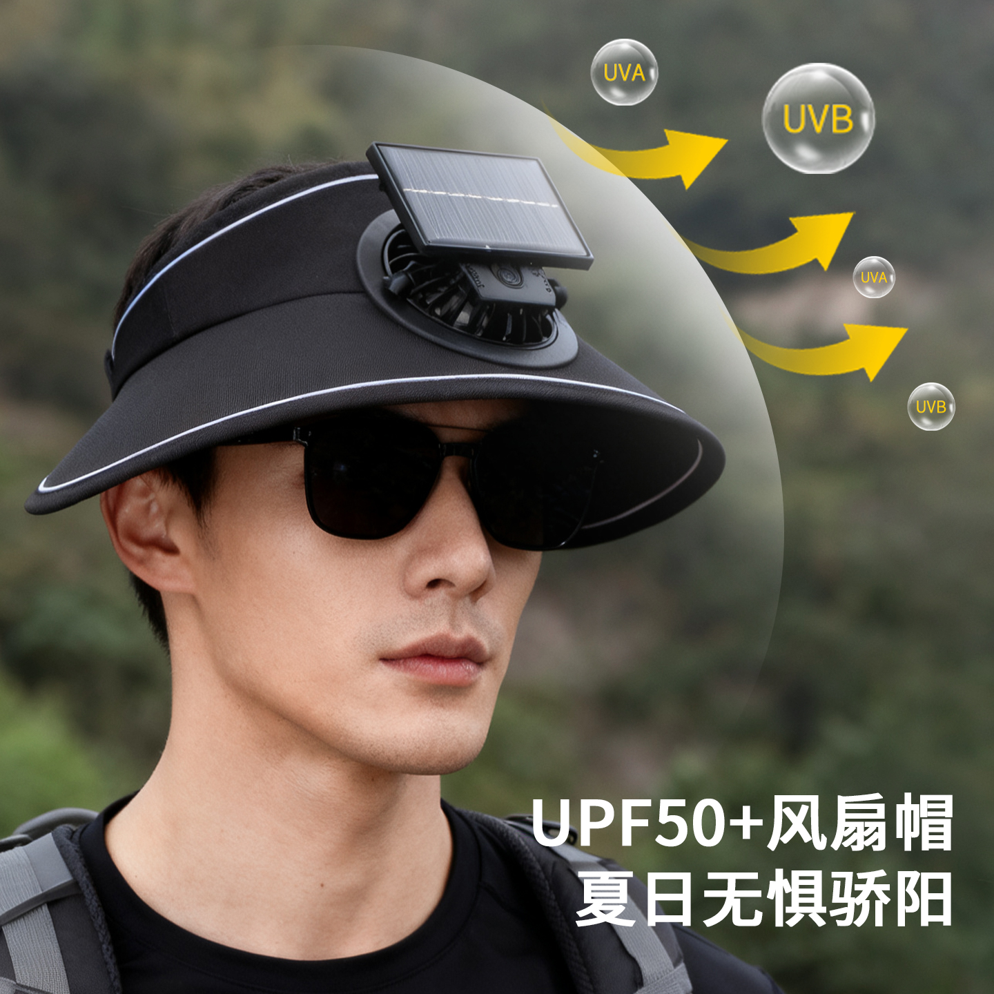 糖果帽太阳能充电风扇空顶帽大檐遮阳防紫外线女士户外小风扇帽