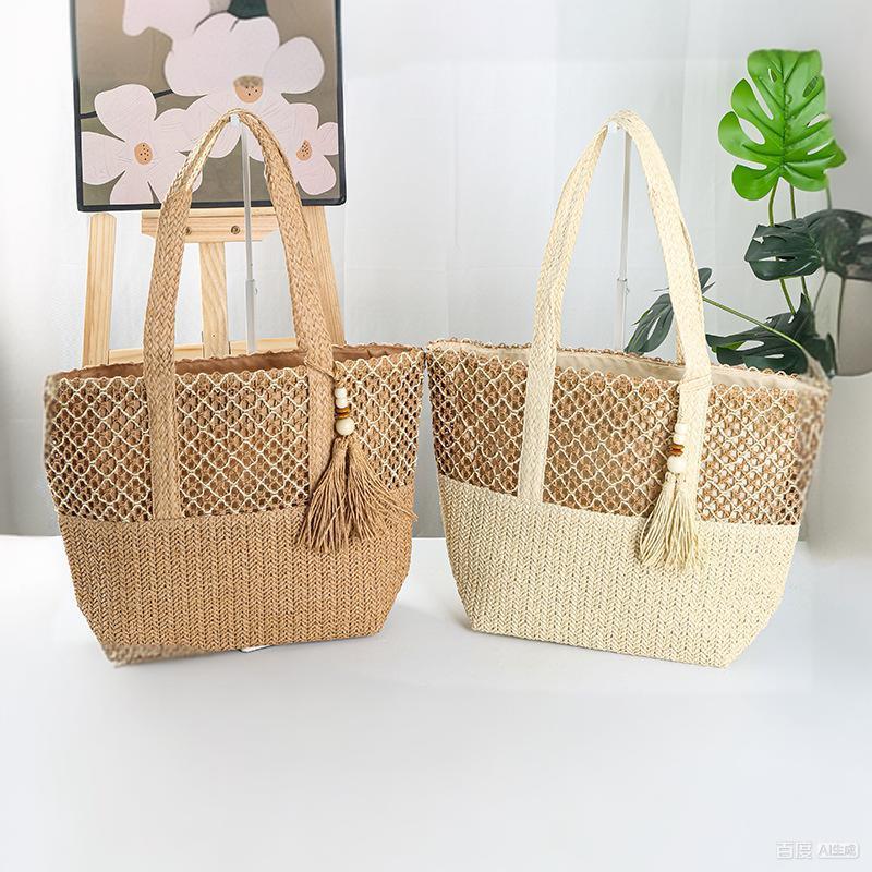 Cross-Border Straw Weaving Bag, Beach Crossbody Vacation Straw Weaving Bag, Women's Woven Bag, Single-Shoulder Bag, Hand-Held Large-Capacity Handcrafted Straw Weaving Bag