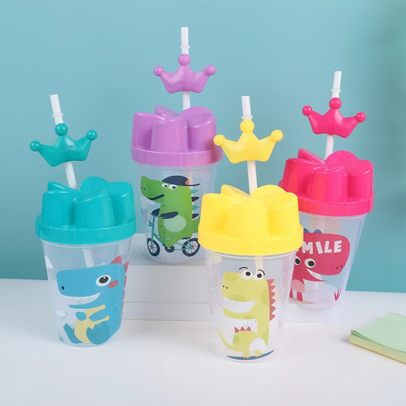 PP transparent cartoon dinosaur plastic straw cup, children's juice plastic cup, creative, fashionable and cute animal water cup details Picture