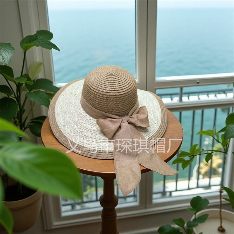 Ladies' straw hat, summer wide-brimmed straw hat, bow decoration, large straw hat, beach hat, sun hat, sunshade hat, seaside vacation, travel, daily outdoor leisure, urban style