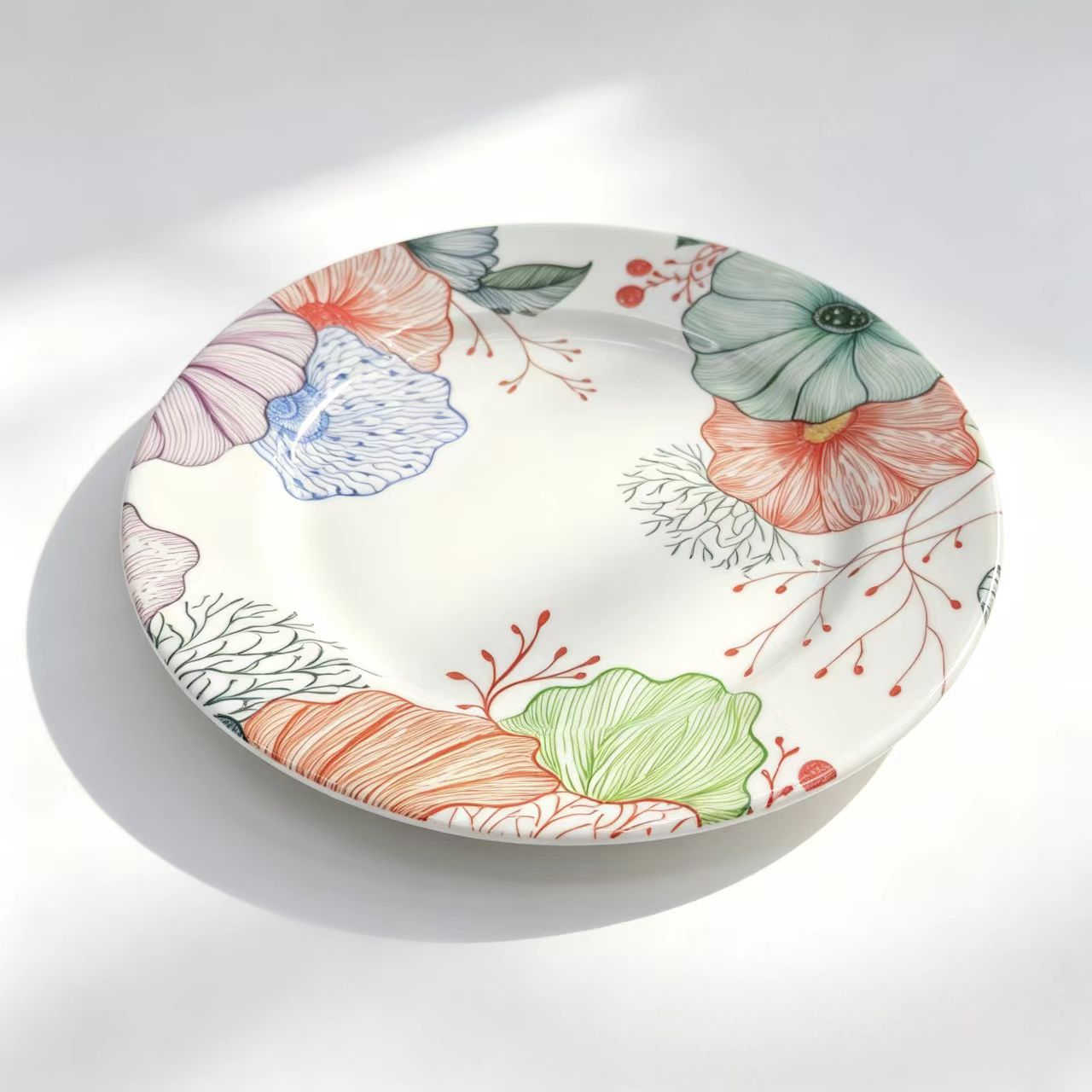 Melamine tableware is in stock and available for wholesale. Floral pattern imitation porcelain tableware and round shallow flat plates can be sold by the ton Specification image