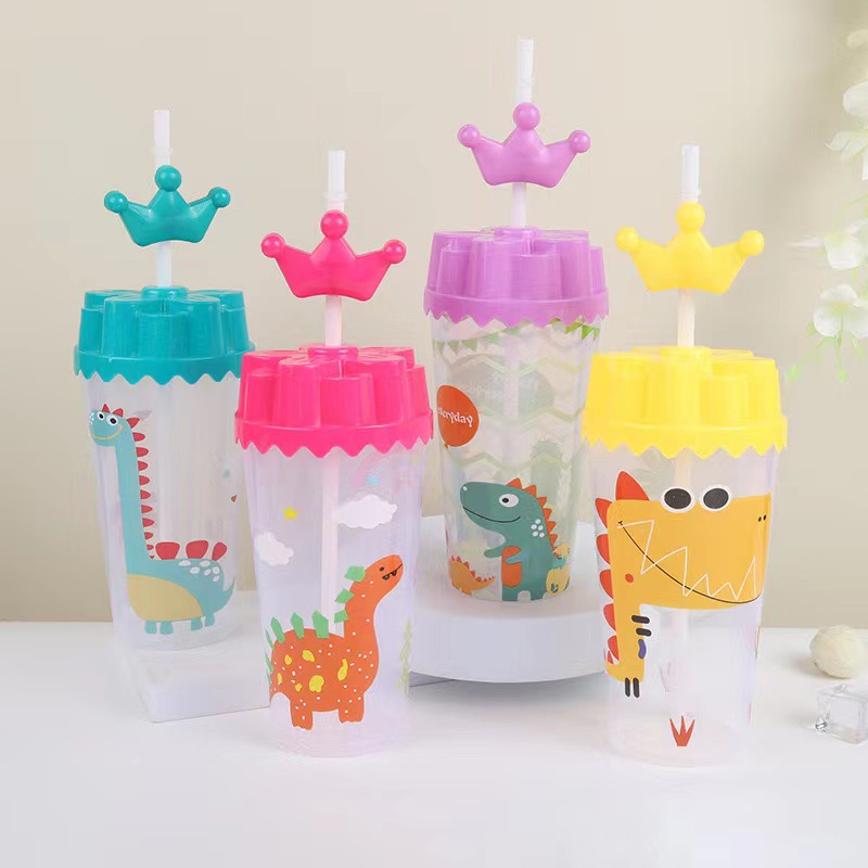 PP transparent cartoon dinosaur plastic straw cup, children's juice plastic cup, creative, fashionable and cute animal water cup Specification image