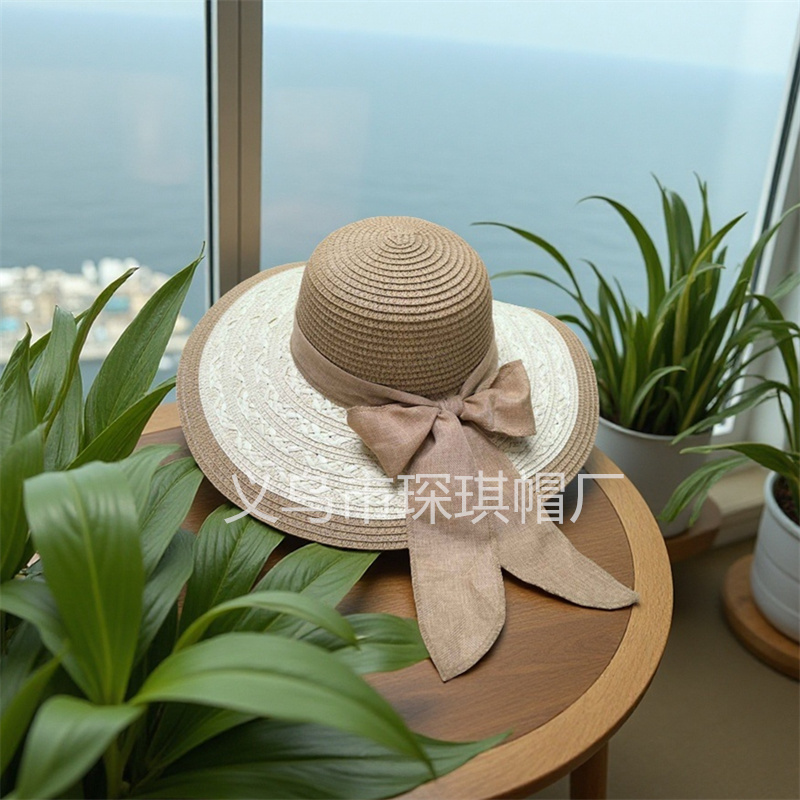 Ladies' straw hat, summer wide-brimmed straw hat, bow decoration, large straw hat, beach hat, sun hat, sunshade hat, seaside vacation, travel, daily outdoor leisure, urban style Specification image