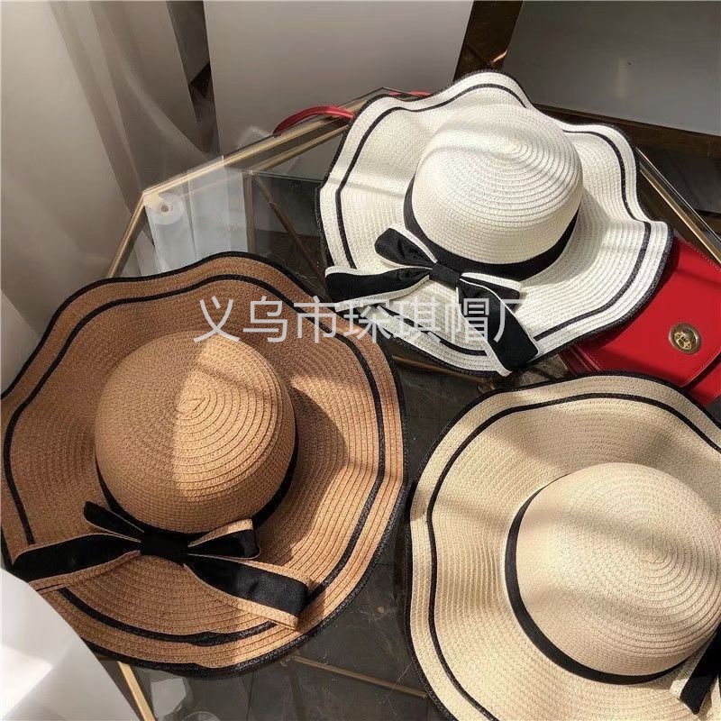 Ladies' straw hat, bow ribbon straw hat, beach hat, wavy border sun-drying hat, sun hat, seaside vacation, travel, daily outdoor leisure urban style Item Picture