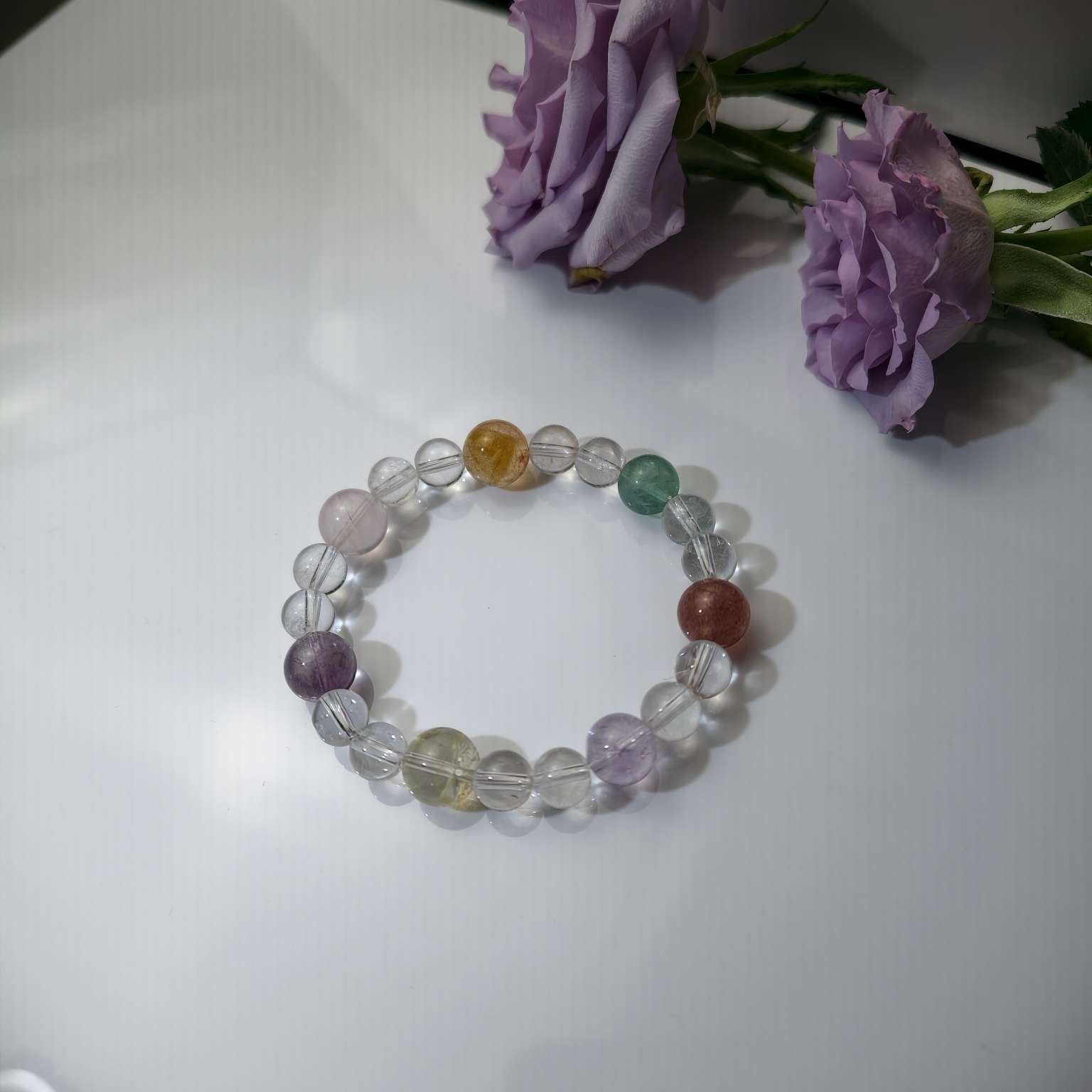 黄塔晶白幽灵白水晶玻利维亚紫水晶黄水晶绿萤石薰衣草紫水晶草莓晶粉水晶手串细节图