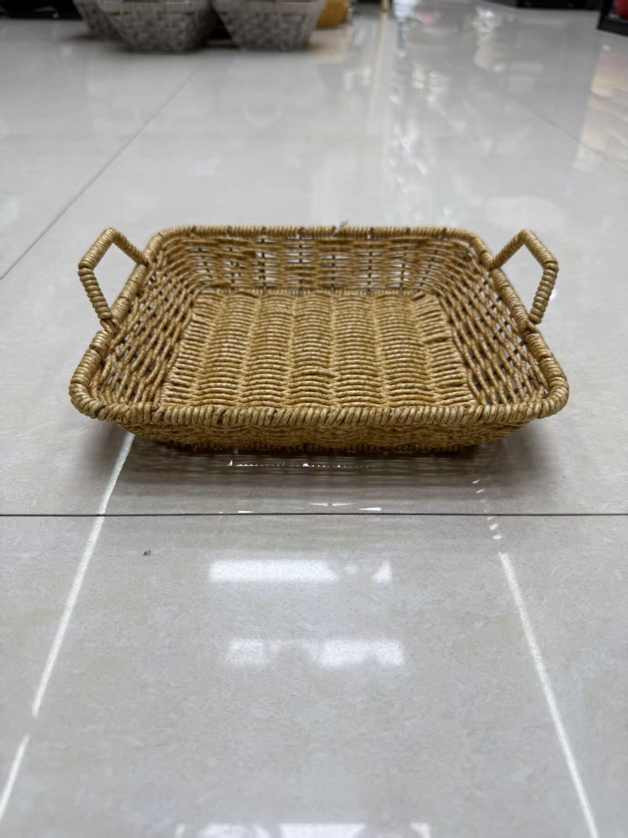Beige imitation rattan woven rectangular shallow tray, storage basket, multi-purpose storage tray, home storage basket, fruit basket, bread basket, multi-functional home storage basin, supermarket gift packaging basket details Picture
