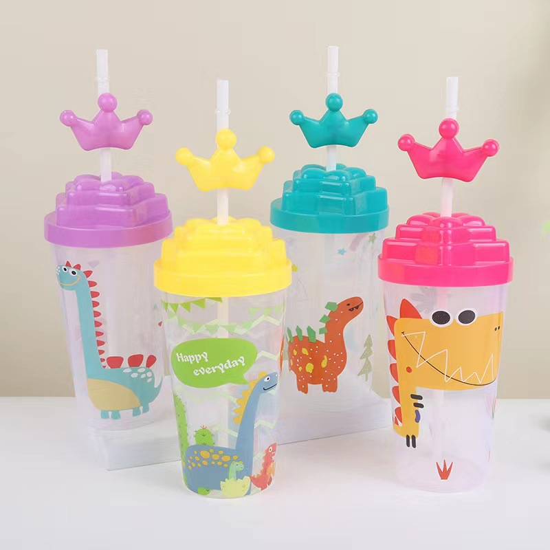 PP transparent cartoon dinosaur plastic straw cup, children's juice plastic cup, creative, fashionable and cute animal water cup Item Picture